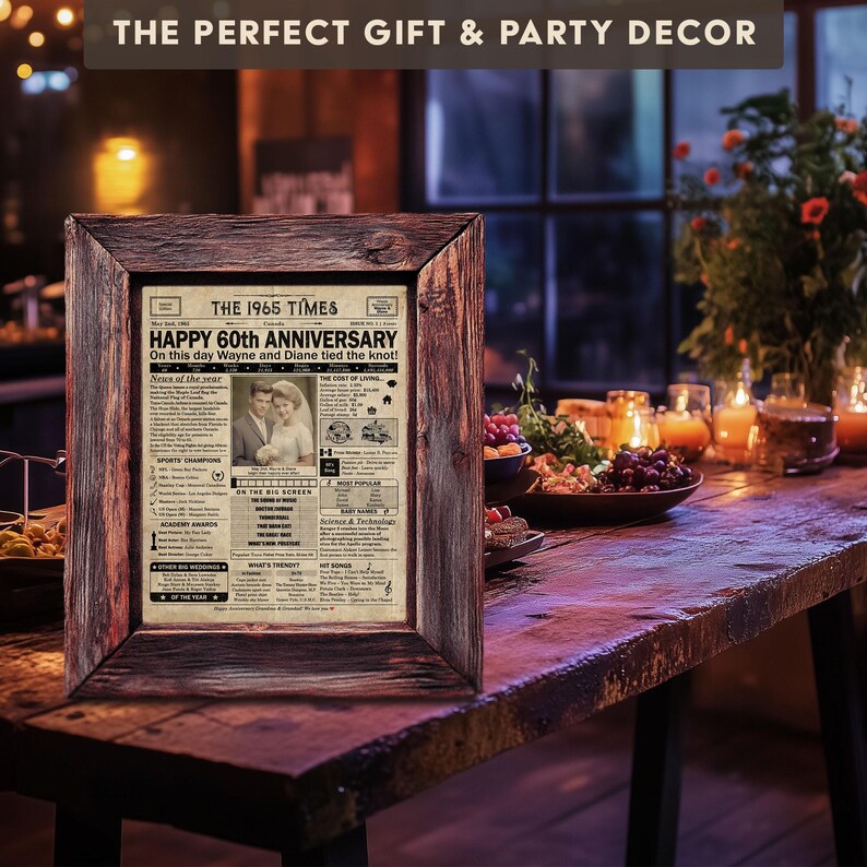 May include: A framed vintage newspaper style print with the headline "The 1965 Times" and the text "Happy 60th Anniversary" with a photo of a couple in the center. The print is on a wooden table with a bowl of fruit and candles in the background.