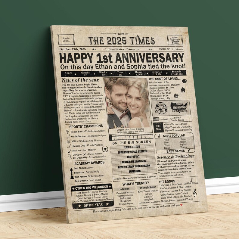 1 year anniversary, 1st anniversary gift for husband or wife, Printable paper anniversary gift containing news & highlights from 2025 in USA image 4
