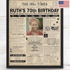 70er Geburtstag Zeitungsplakat, druckbares 70er Geburtstagsparty Dekor, Geburtstagsplakat mit Neuigkeiten und Highlights aus dem Jahr 1956 in den USA Bild 2