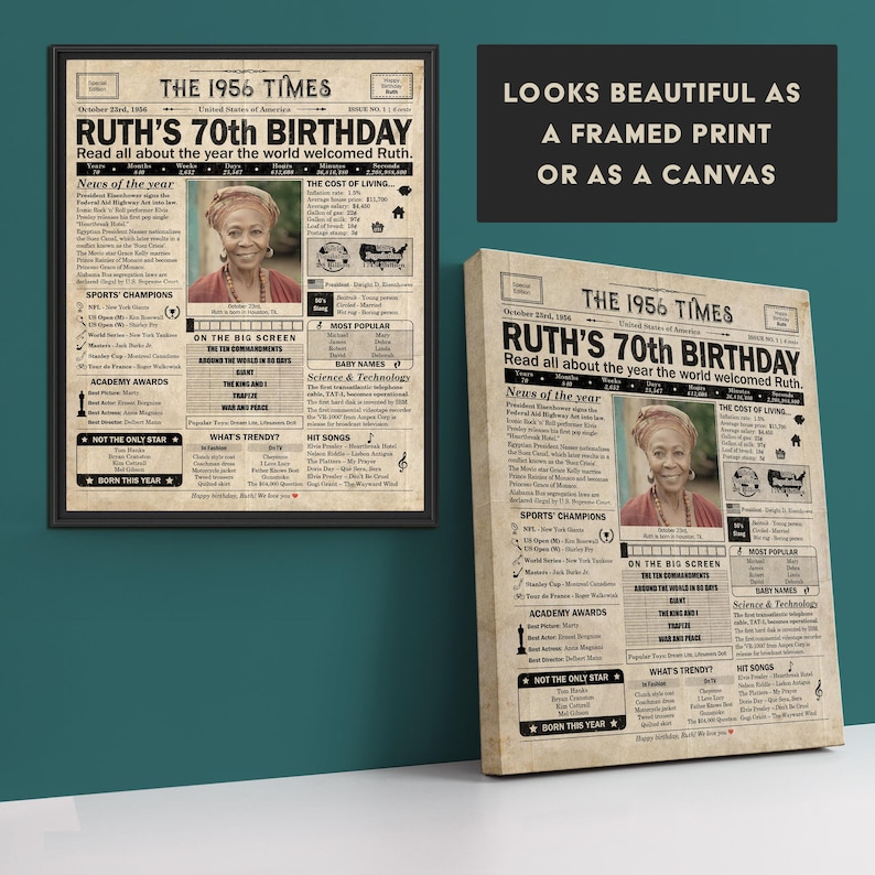 70er Geburtstag Zeitungsplakat, druckbares 70er Geburtstagsparty Dekor, Geburtstagsplakat mit Neuigkeiten und Highlights aus dem Jahr 1956 in den USA Bild 6