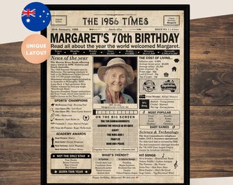 70th Birthday gift for mum or dad | Printable birthday party decor | 1956 Poster | Old newspaper design | Australia | Digital Download
