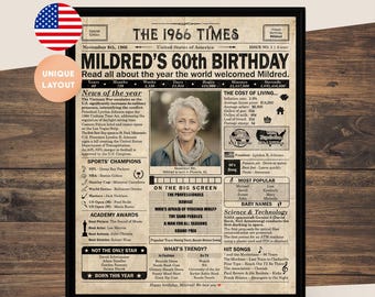 60er Geburtstag Zeitungsplakat, 60er Jahre Party Dekor, Geburtstagsplakat mit Neuigkeiten und Highlights aus den USA von 1966