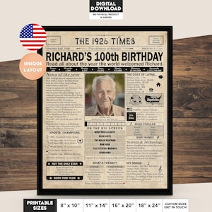 Affiche de journal du 100e anniversaire, décoration de fête du 100e anniversaire imprimable, affiche d'anniversaire contenant des actualités et des faits saillants de 1926 aux États-Unis