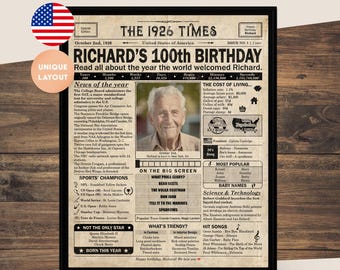 100th Birthday newspaper poster, Printable 100th birthday party décor, Birthday poster containing news & highlights from 1926 in USA