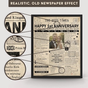 1 year anniversary, 1st anniversary gift for husband or wife, Printable paper anniversary gift containing news & highlights from 2025 in UK image 3