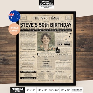 50th Birthday gift for husband or wife | Printable birthday party decor | 1976 Poster | Old newspaper design | Australia | Digital Download