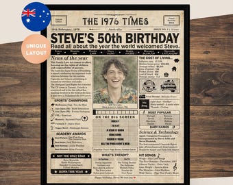50th Birthday gift for husband or wife | Printable birthday party decor | 1976 Poster | Old newspaper design | Australia | Digital Download