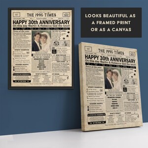 May include: A vintage newspaper style print with the headline "Happy 30th Anniversary" and the text "On this day Martin & Rebecca tied the knot!" The print features a photo of a couple and a list of events from the year 1995.