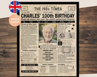 100th Birthday gift for grandma, grandpa, great granparent | Printable birthday decor | 1926 Poster | Newspaper design | UK | Digital