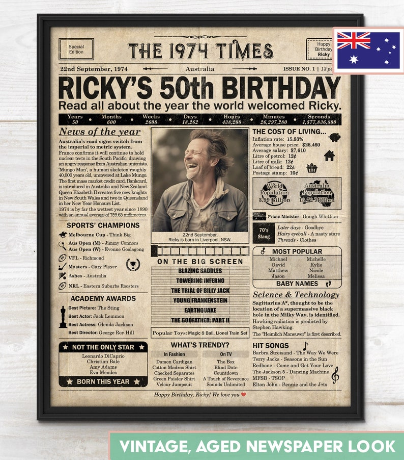 50th Birthday gift for husband or wife Printable birthday party decor 1974 Poster Old newspaper design Australia Digital Download image 1