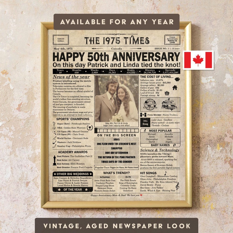 A personalized digital download of a 50th-anniversary newspaper-style poster. It features custom details like the couple's name & wedding date, news highlights, cost of living, pop culture, and sports winners from 1975 in Canada.