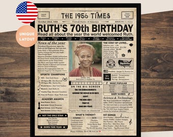 70th Birthday newspaper poster, Printable 70th birthday party decor, Birthday poster containing news & highlights from 1956 in USA