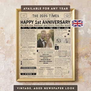 1 year anniversary, 1st anniversary gift for husband or wife, Printable paper anniversary gift containing news & highlights from 2025 in UK image 1