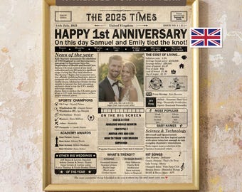 1 year anniversary, 1st anniversary gift for husband or wife, Printable paper anniversary gift containing news & highlights from 2025 in UK