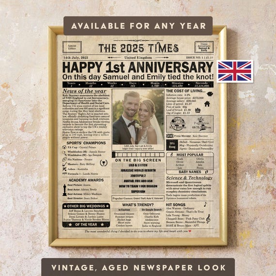 1 year anniversary, 1st anniversary gift for husband or wife, Printable paper anniversary gift containing news & highlights from 2025 in UK