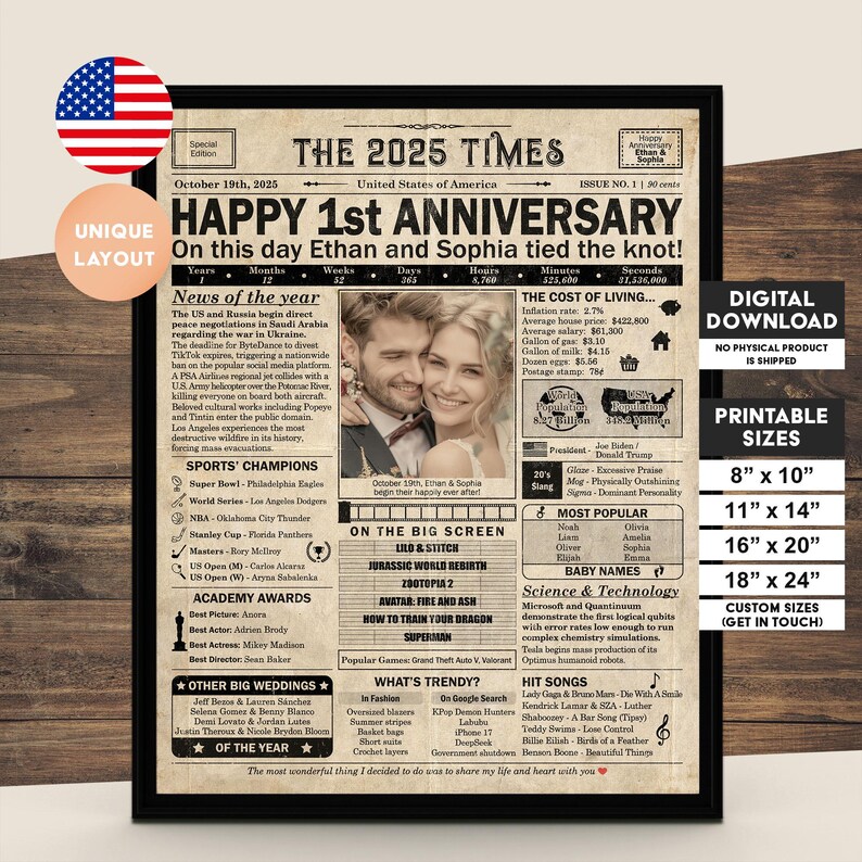 1 year anniversary, 1st anniversary gift for husband or wife, Printable paper anniversary gift containing news & highlights from 2025 in USA image 2