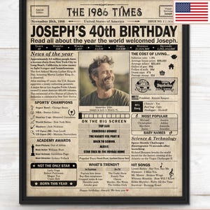 40th Birthday newspaper poster, Printable 40th birthday party decor, Birthday poster containing news & highlights from 1986 in USA image 2