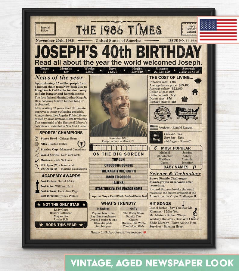 40th Birthday newspaper poster, Printable 40th birthday party decor, Birthday poster containing news & highlights from 1986 in USA image 2