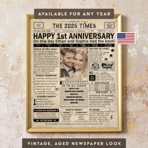 1 year anniversary, 1st anniversary gift for husband or wife, Printable paper anniversary gift containing news & highlights from 2025 in USA image 1
