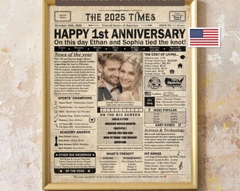 1 year anniversary, 1st anniversary gift for husband or wife, Printable paper anniversary gift containing news & highlights from 2025 in USA