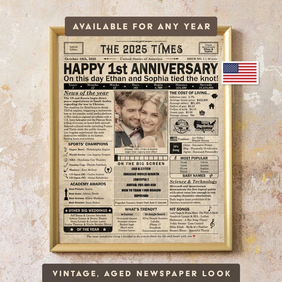 1 year anniversary, 1st anniversary gift for husband or wife, Printable paper anniversary gift containing news & highlights from 2025 in USA
