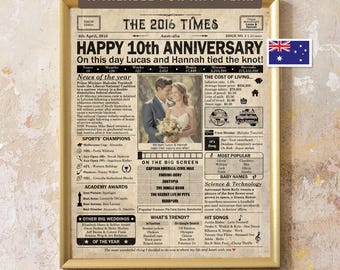 Personalised 10th Anniversary Newspaper Poster, Australian Edition (Digital Download)