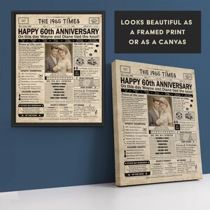 May include: A vintage newspaper style print with the headline "The 1965 Times" and the text "Happy 60th Anniversary" with a photo of a couple. The print includes a list of events from 1965, including news, sports, music, and popular baby names.