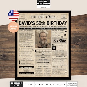 50. Geburtstag Zeitungsplakat, druckbare 50. Geburtstag Party Dekoration, Geburtstagsplakat mit Neuigkeiten und Highlights aus 1975 in den USA