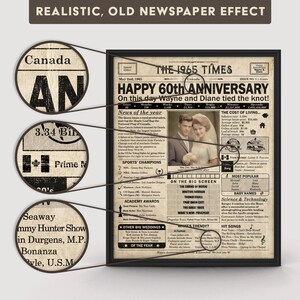 May include: A vintage newspaper style print with a black frame. The headline reads "Happy 60th Anniversary" with the names Wayne and Diane. The newspaper is dated May 2nd, 1965. The print includes a photo of a couple and a list of news headlines and events from 1965.