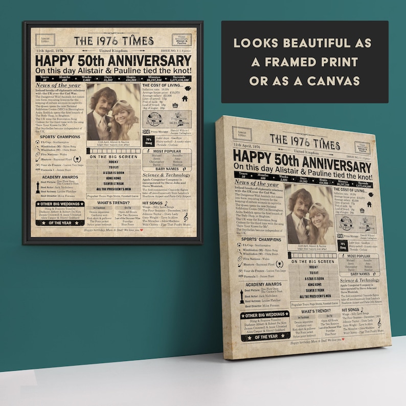 50th Anniversary gift for parents | Printable anniversary party decor | Couple's gift | 1976 Poster | UK version | Digital Download image 6
