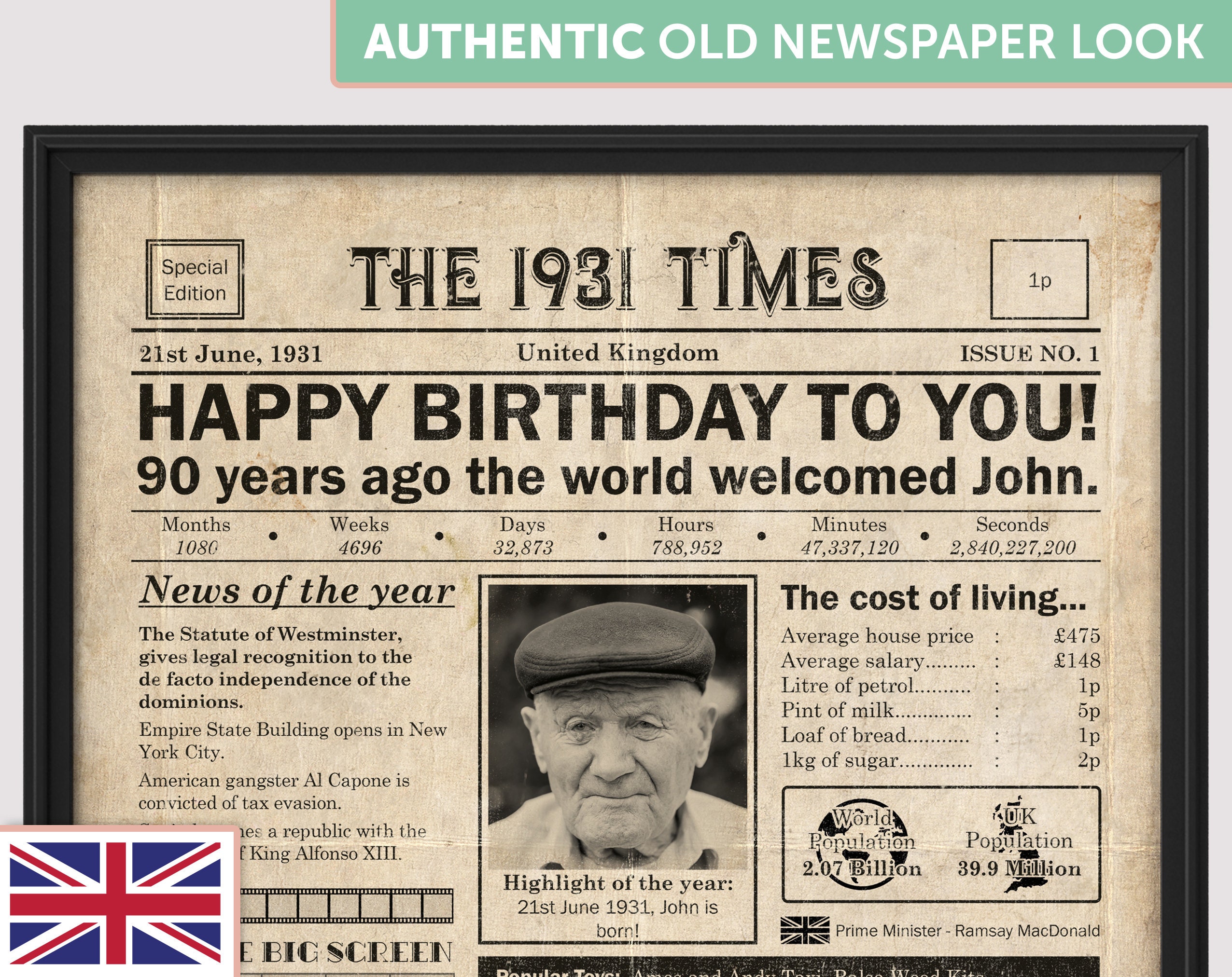 90th BIRTHDAY Gift UK 1931 Poster REALISTIC Newspaper Etsy