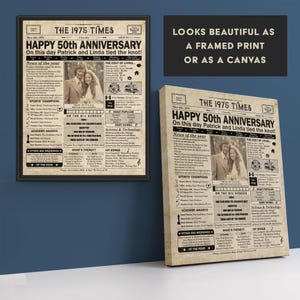 May include: A vintage newspaper style print with the headline "The 1975 Times" and the text "Happy 50th Anniversary" with a photo of a couple. The print includes a list of events and news from 1975.