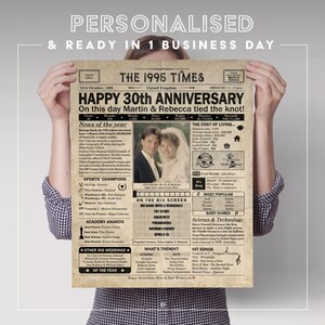 May include: A vintage newspaper style print with the headline "Happy 30th Anniversary" and the text "On this day Martin & Rebecca tied the knot!" The newspaper is dated October 15, 1995 and includes a photo of a couple. The print is a personalized gift for a couple celebrating their 30th wedding anniversary.