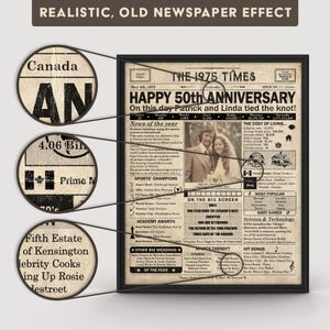 May include: A vintage newspaper style print with a black frame, celebrating a 50th anniversary. The headline reads "Happy 50th Anniversary" and includes the names Patrick and Linda. The newspaper is dated May 4th, 1975, and includes news headlines, sports scores, and popular culture items from that year.