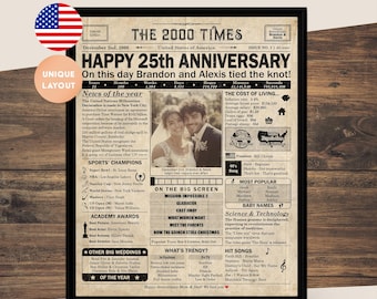 25th Anniversary gift for husband or wife | Printable anniversary party decor | Couple's gift | 2000 Poster | US version | Digital Download