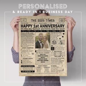 1 year anniversary, 1st anniversary gift for husband or wife, Printable paper anniversary gift containing news & highlights from 2025 in UK image 5