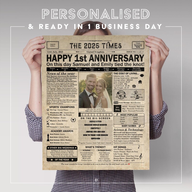 1 year anniversary, 1st anniversary gift for husband or wife, Printable paper anniversary gift containing news & highlights from 2025 in UK image 5