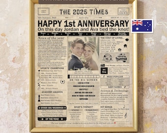 1 year anniversary, 1st anniversary gift for husband or wife, Printable paper anniversary gift containing news & highlights from 2025 in AUS