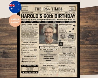 60th Birthday gift for mum or dad | Printable birthday decoration | 1966 Poster | Old newspaper design | Australia | Digital Download