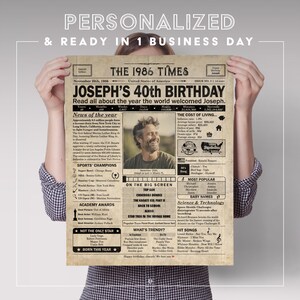 40th Birthday newspaper poster, Printable 40th birthday party decor, Birthday poster containing news & highlights from 1986 in USA image 5