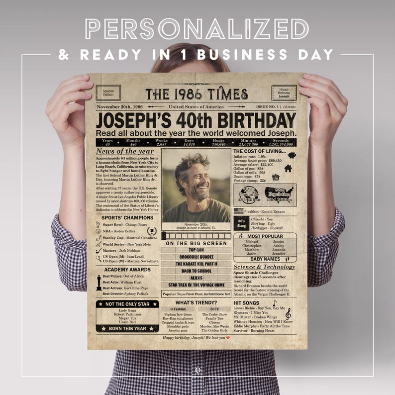 40th Birthday newspaper poster, Printable 40th birthday party decor, Birthday poster containing news & highlights from 1986 in USA image 5