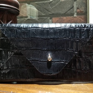 Leather Clutch - Envelope Clutch - Gator Embossed Black Vegetable Tanned Leather - Handmade with full grain leather