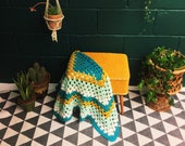 Vintage Granny Blanket , Blue Mustard Crochet Knitted Afghan , Woollen Throw