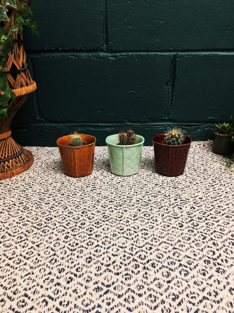 Set Of 3 Vintage Mint Green And Brown Ceramic Planter Churchill Small Succulent Basket Weave Pottery Plant Pot Mid Century Decor