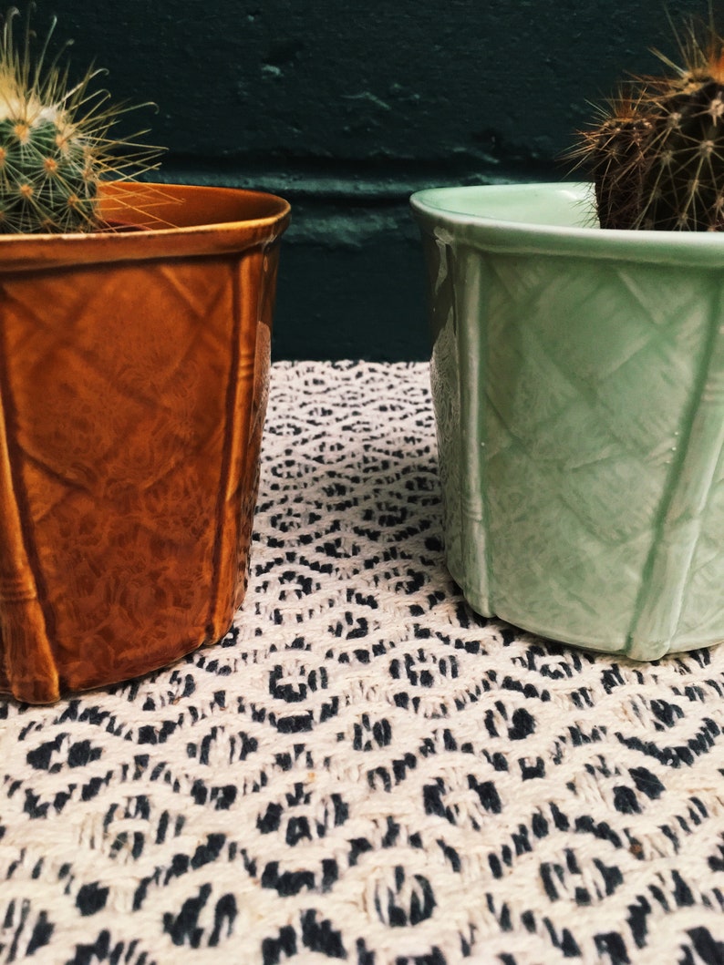 Set Of 3 Vintage Mint Green And Brown Ceramic Planter Churchill Small Succulent Basket Weave Pottery Plant Pot Mid Century Decor