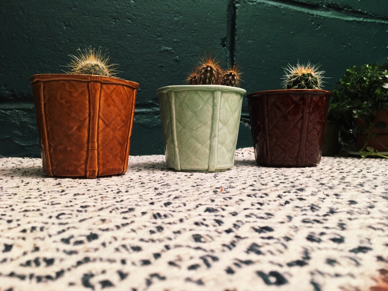 Set Of 3 Vintage Mint Green And Brown Ceramic Planter Churchill Small Succulent Basket Weave Pottery Plant Pot Mid Century Decor