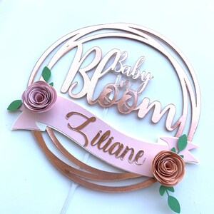Personalized Baby in Bloom Cake Topper decorated with mini paper flowers. Floral cake Topper ideal for baptism, communion, baby shower, etc.