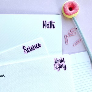 Aesthetic custom School Subject Stickers for your back to school supplies. Stickers for folders, binders, notebooks, name stickers.