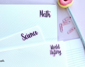 Aesthetic custom School Subject Stickers for your back to school supplies. Stickers for folders, binders, notebooks, name stickers.