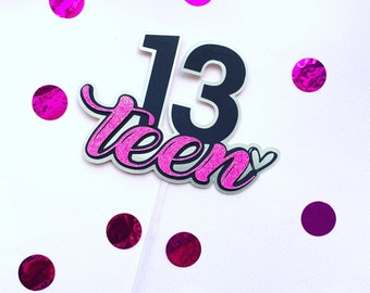 Hello Teen Cake Topper, silver, black and fucsia combination perfect for a Teenager Birthday.